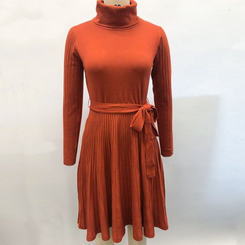 Pumpkin Orange Turtleneck Knit Belted Dress - Picture 13 of 16